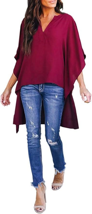 Happy Sailed Women Stylish V Neck Chiffon Tops Casual Solid Blouse Loose High Low Shirts S-2XL | Amazon (US)