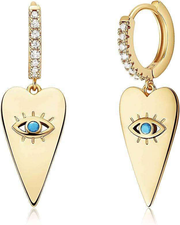 Small Evil Eye Earring with Shining Cubic Zirconia 14K Gold Plated Hoop Earrings for Women | Amazon (US)