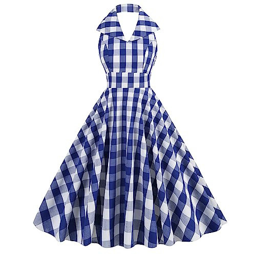 Blue Gingham Dress Halter Blue Plaid Dress Gingham Dress Women Blue 50s Dresses Blue Checkered Dress Vintage Gingham Plaid Dress for Women Lapel Blue and White Gingham Halter Dress S | Amazon (US)