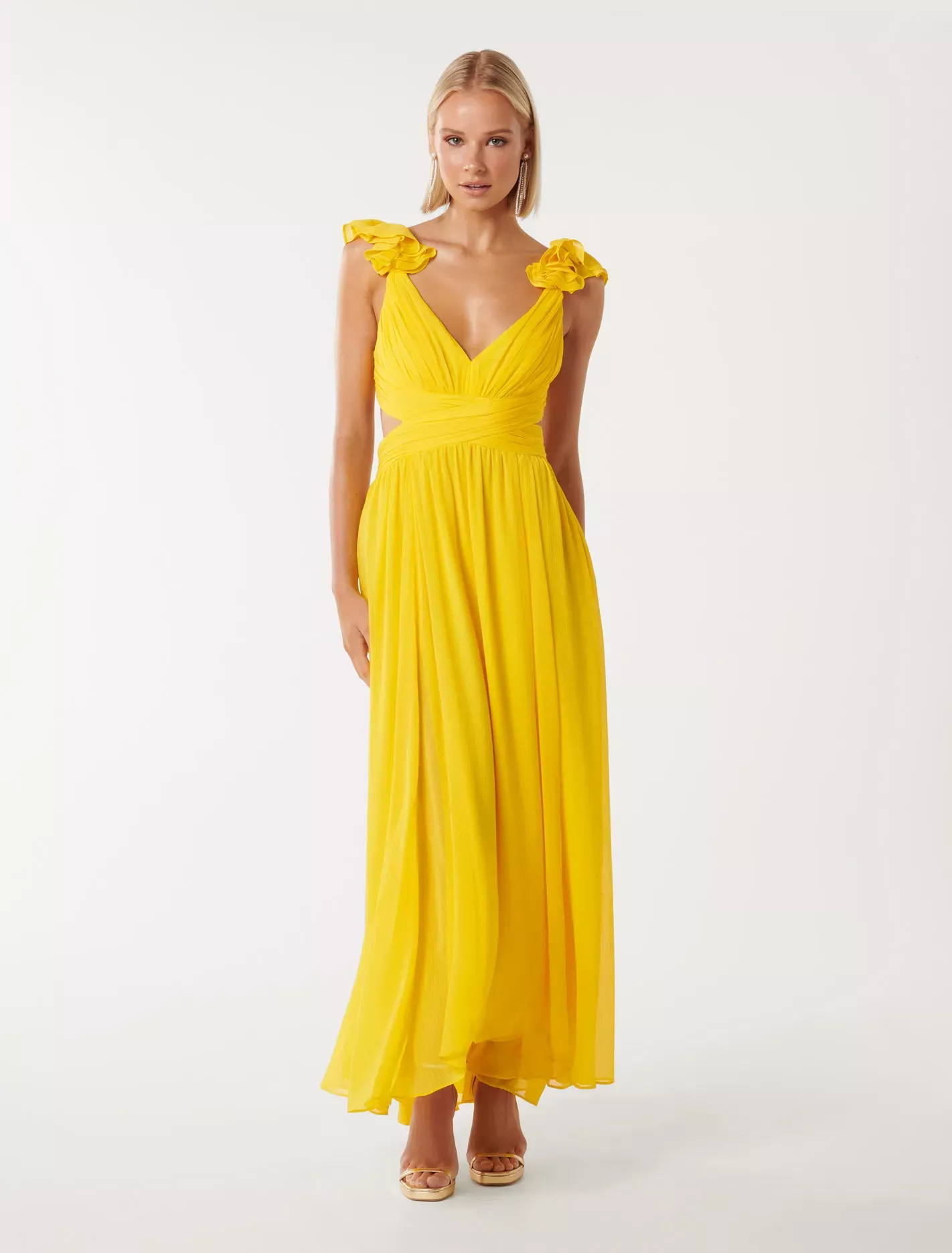 Ruffle shoulder outlet maxi dress