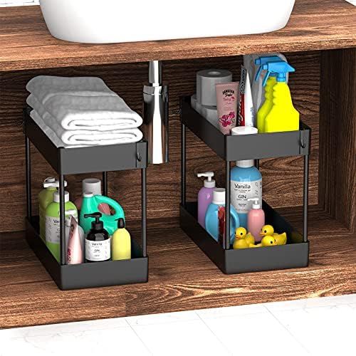 Under Sink Organizer, Under Bathroom Sink Storage 2 Tier Organizer Bath Collection Baskets with Hook | Amazon (US)