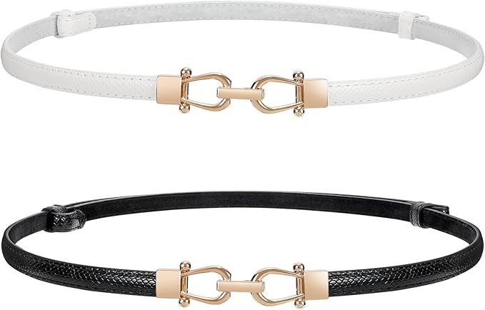 WERFORU Women 2 Pack Skinny Belt for Dress,Thin Waist Belt - Adjustable Leather Belt with Gold Bu... | Amazon (US)