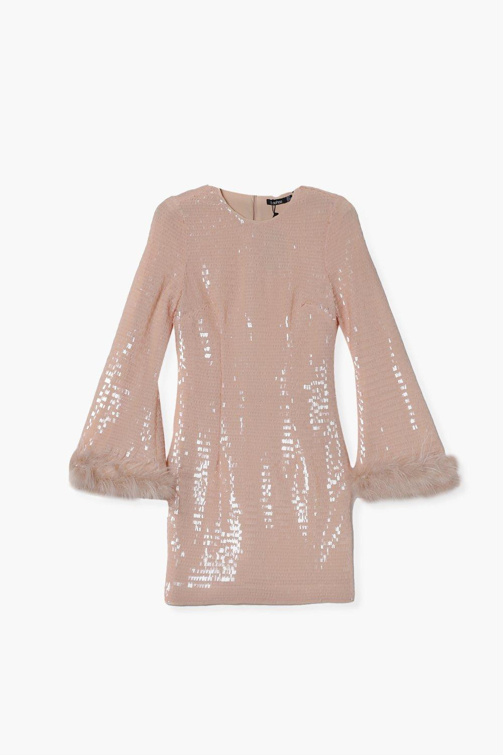 Premium Sequin Feather Cuff Shift Party Dress | Boohoo.com (US & CA)