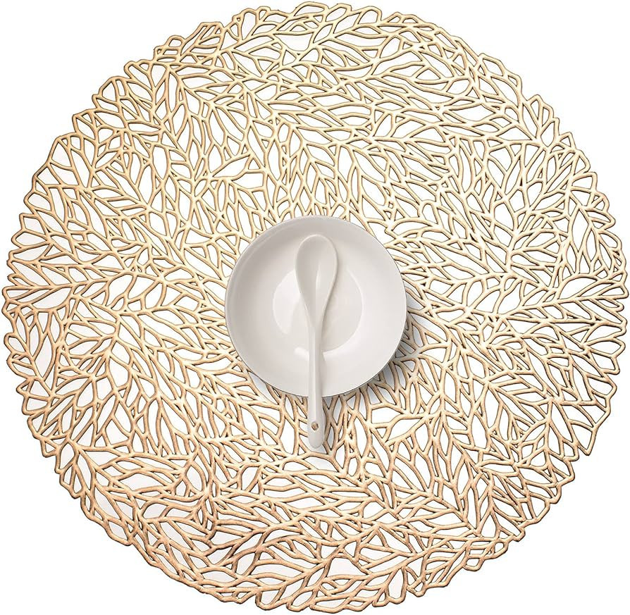 FunWheat Round Metallic Sliver Vinyl Placemats Set of 6 15 inches Hollow Out Table mats Heat-Resi... | Amazon (US)
