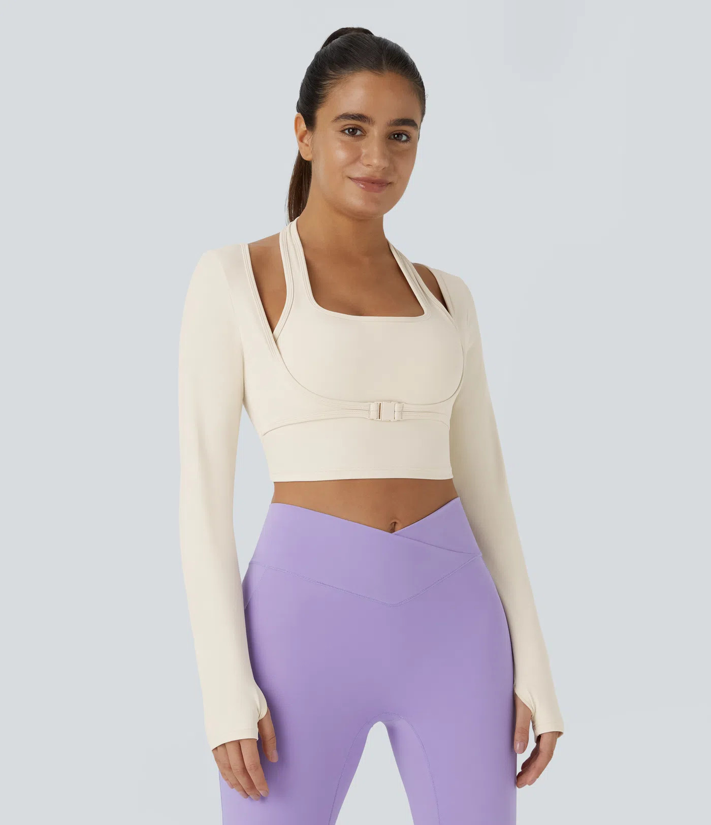 Women’s SoftlyZero™ Plush Halter Thumb Hole Long Sleeve Cropped 2-in-1 Yoga Sports Top - Hala... | HALARA