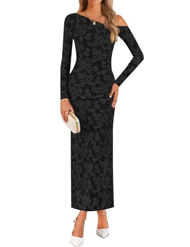 ZESICA Women's Fall Floral Off Shoulder Bodycon Maxi Dresses 2025 Long Sleeve Ruched Elegant Cocktail Party Dress,Black,Large | Amazon (US)