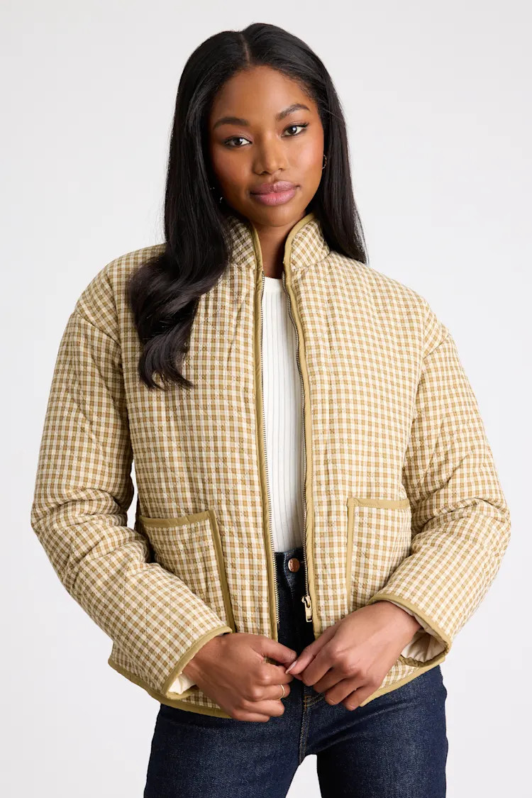 Bundled Perfection Olive Plaid Quilted Puffer Jacket | Lulus