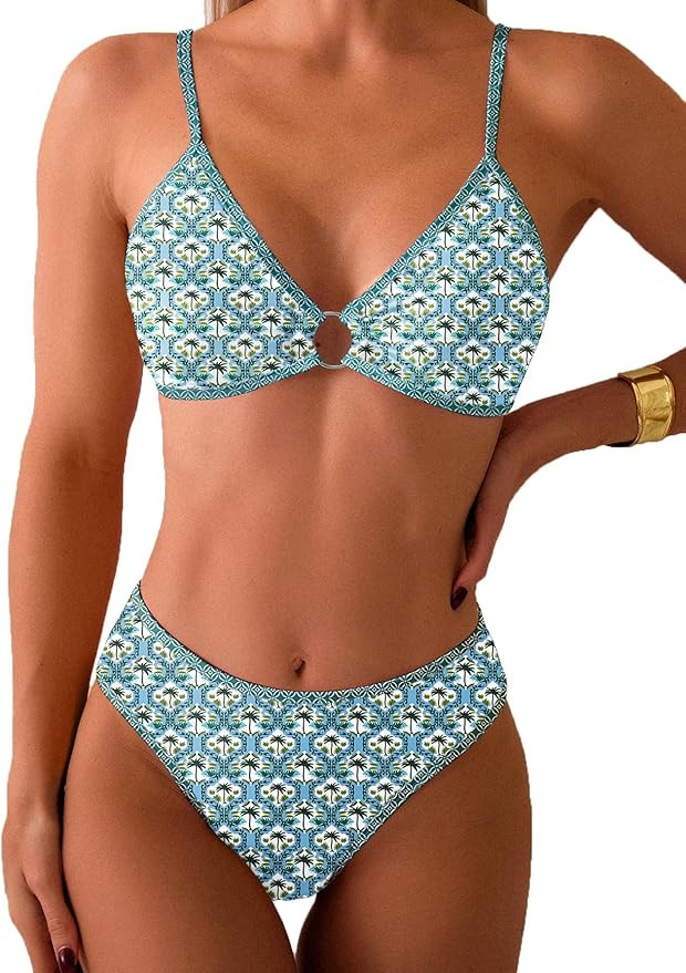 Women's Triangle Bikini Sets O Ring Linked Two Piece Swimsuits Floral Printed Cheeky Bathing Suit | Amazon (US)