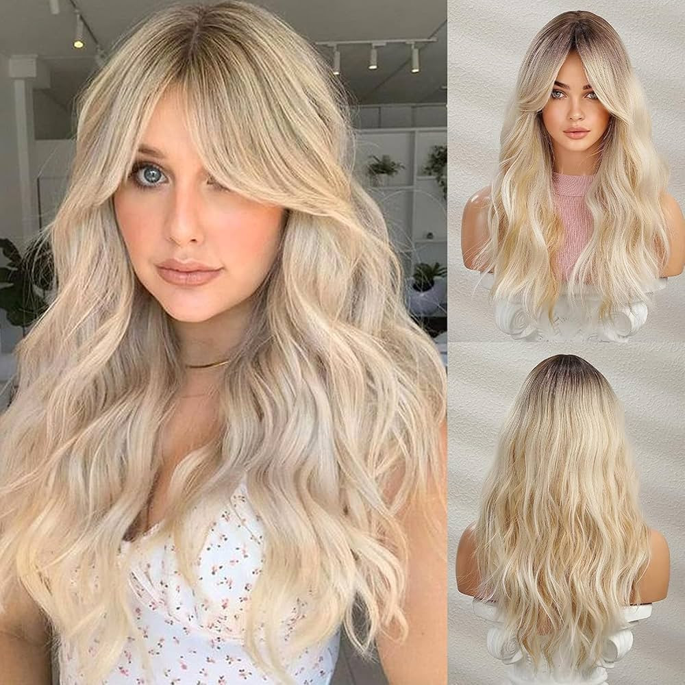 Esmee Long Wavy Ombre Brown to Blonde Wig Curtain bangs wigfor Women Natuaral Synthetic Hair Heat... | Amazon (US)