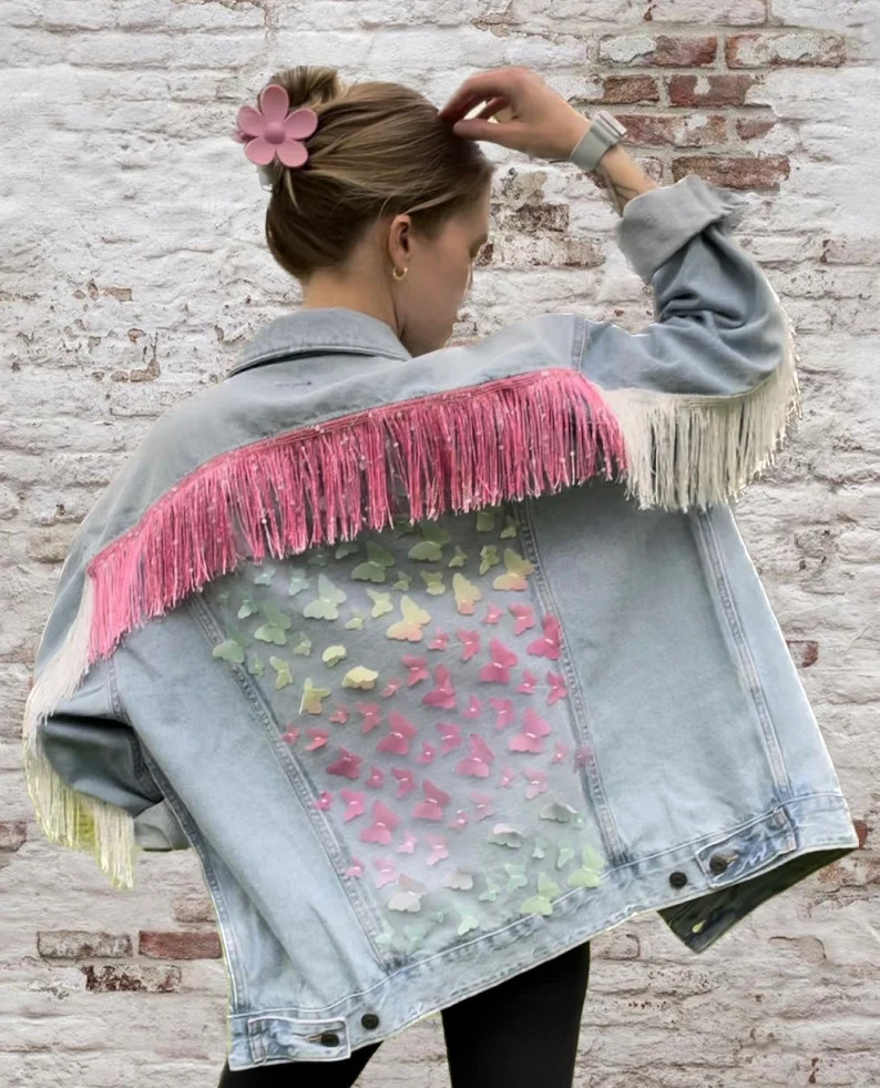 WOMEN’S Taylor Swift Lover Inspired Eras Outfit | Custom Sequin Fringe Jean Jacket With 3D Butt... | Etsy (US)