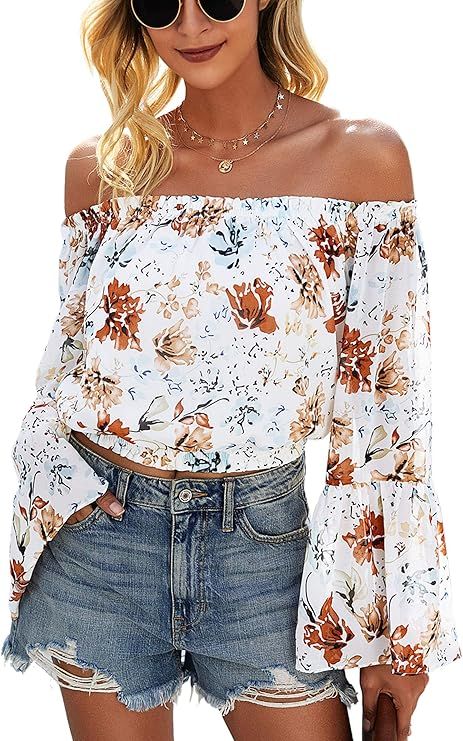 Angashion Women's Tops Sexy Off Shoulder Floral Flare Long Sleeves Printed Cropped Shirt Blouses | Amazon (US)