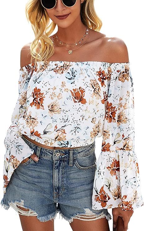 Angashion Women's Tops Sexy Off Shoulder Floral Flare Long Sleeves Printed Cropped Shirt Blouses | Amazon (US)