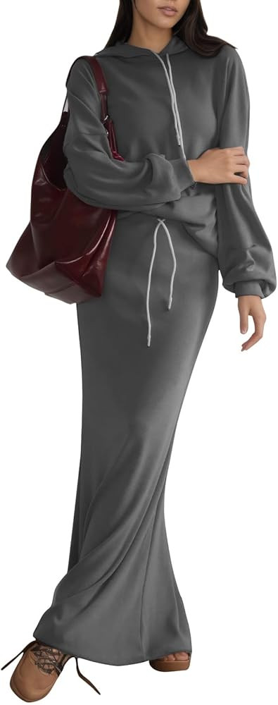 EXLURA Women 2 Piece Outfits Fall Airport Long Sleeve Hoodies Matching Long Skirt Dress Sweatsuit... | Amazon (US)