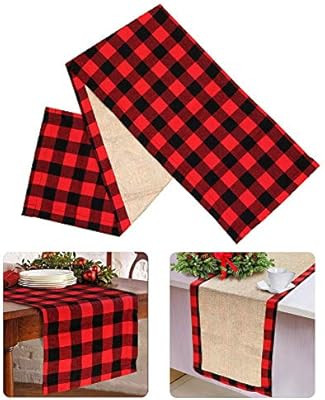 OurWarm Cotton Burlap Buffalo Plaid Table Runner, Christmas Reversible Red and Black Checkered Ta... | Amazon (US)