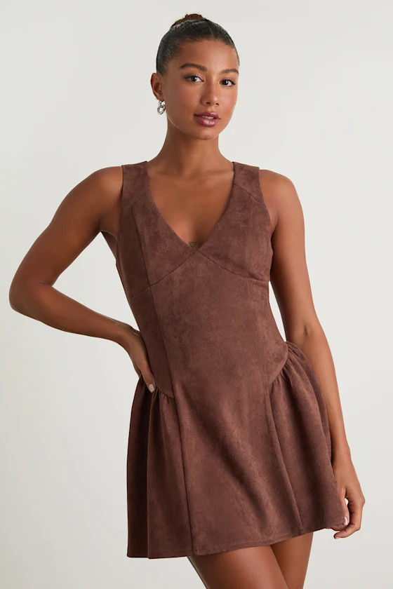 Presley Brown Suede Skater Mini Dress | Lulus