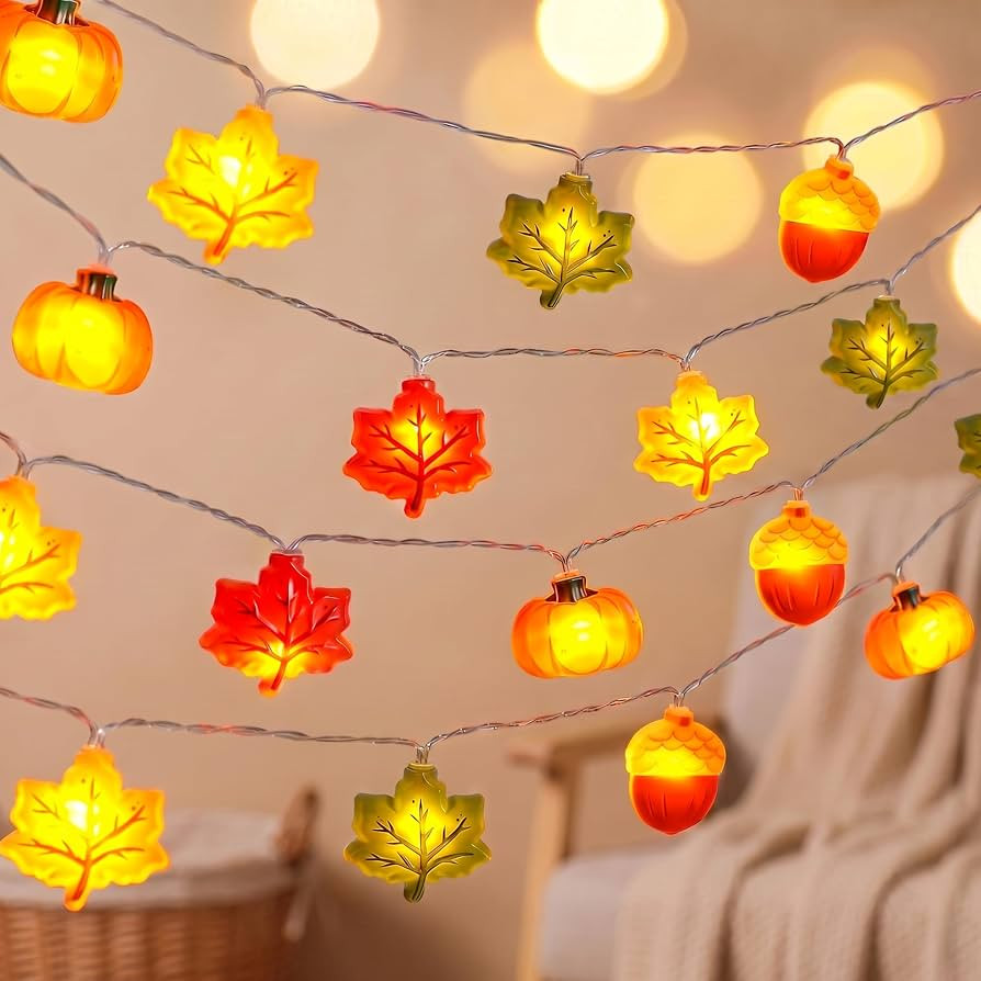 Fall Lights Battery Operated, 3D Maple Leaves Pumpkins & Acorns, Fall Decor, 10FT 20LED Thanksgiv... | Amazon (US)
