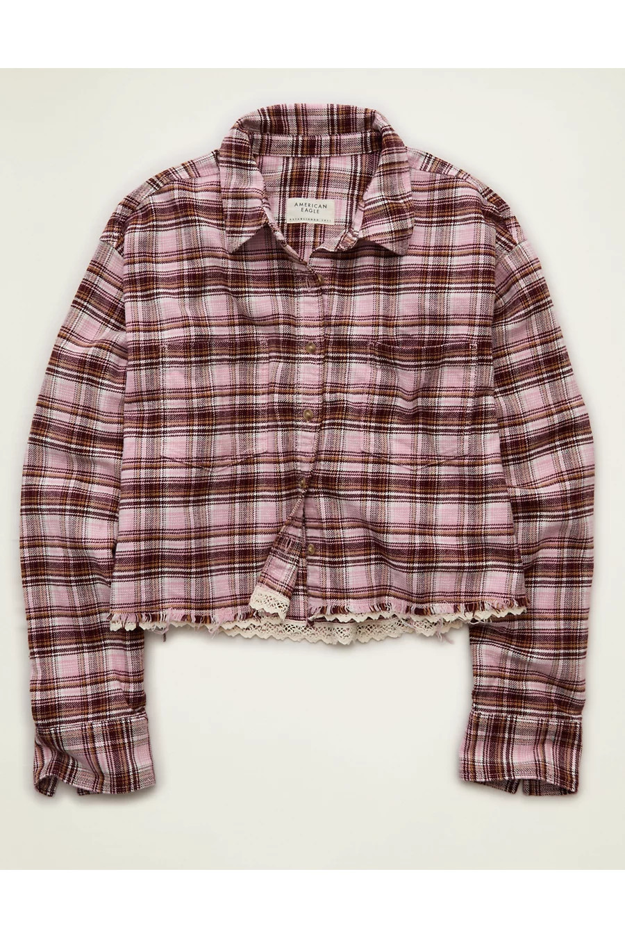 AE Cropped Button-Up Shirt Women's Pink XXL | American Eagle Outfitters (US & CA)