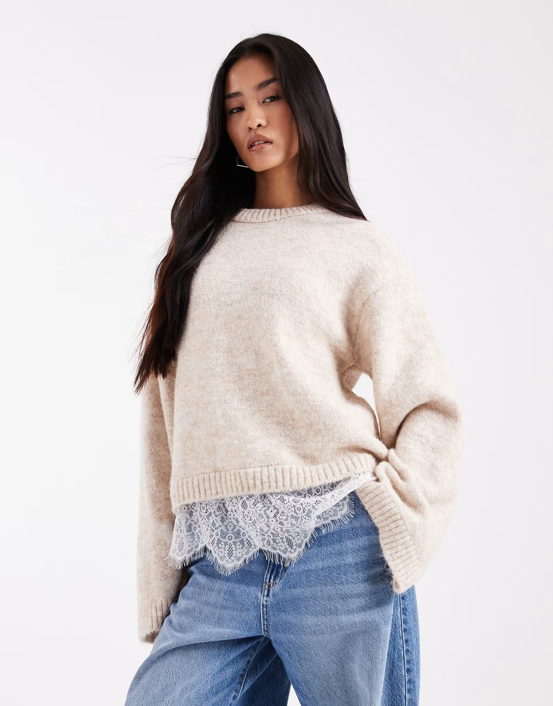 ASOS DESIGN knitted fluffy wide sleeve jumper with lace hem in ecru | ASOS (Global)