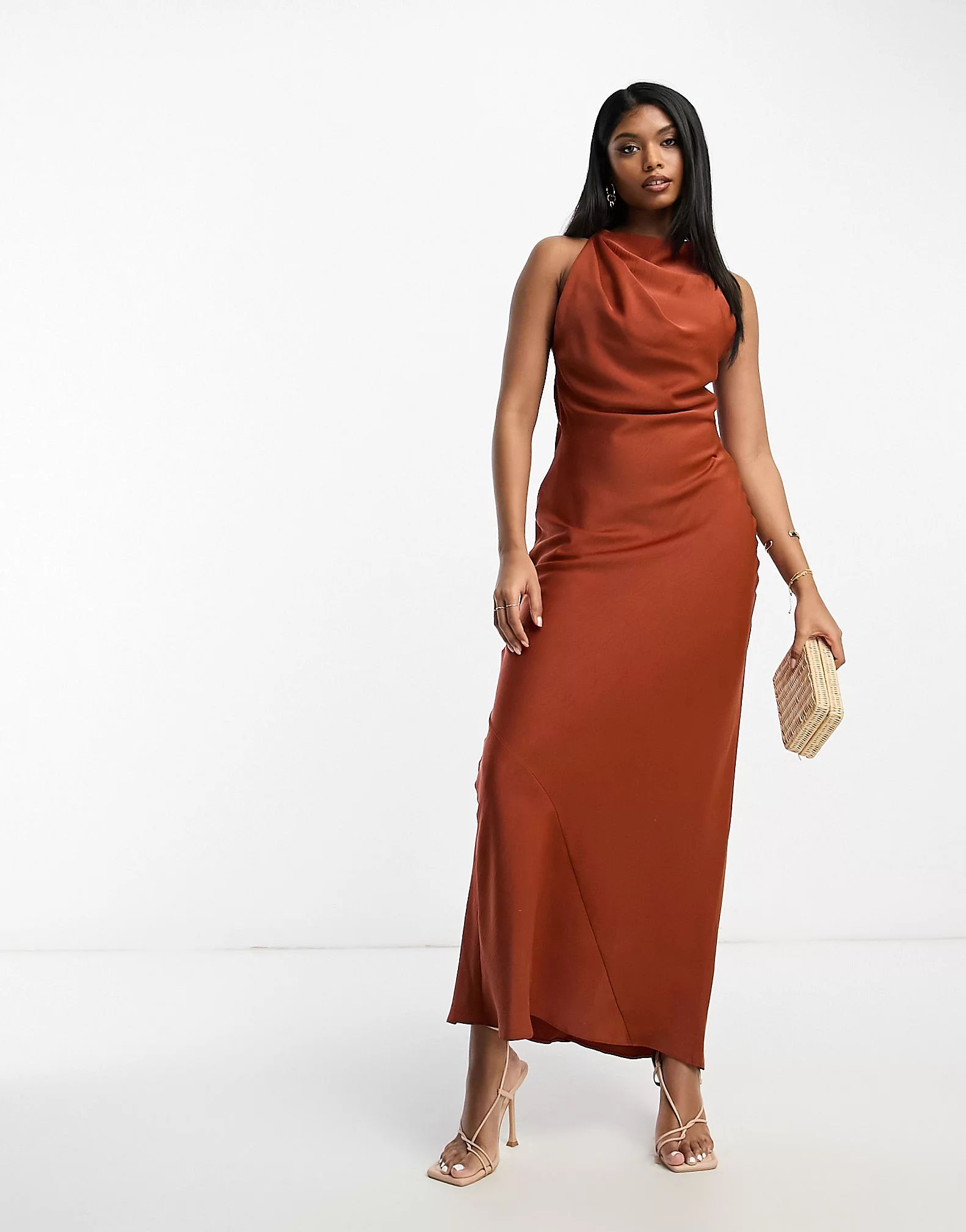 ASOS DESIGN satin cowl back maxi dress with buckle strap detail in rust | ASOS (Global)