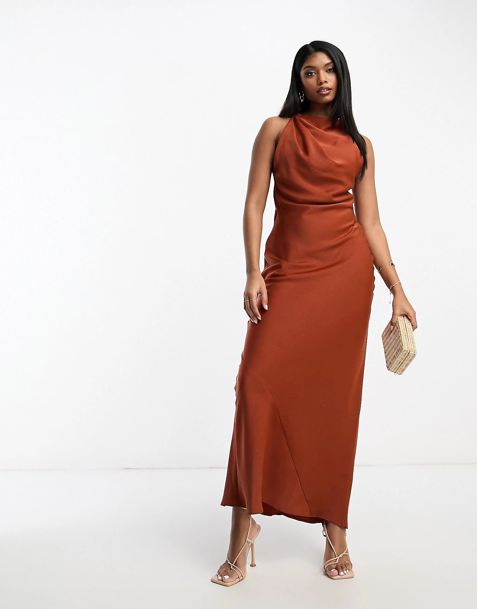 ASOS DESIGN satin cowl back maxi dress with buckle strap detail in rust | ASOS (Global)