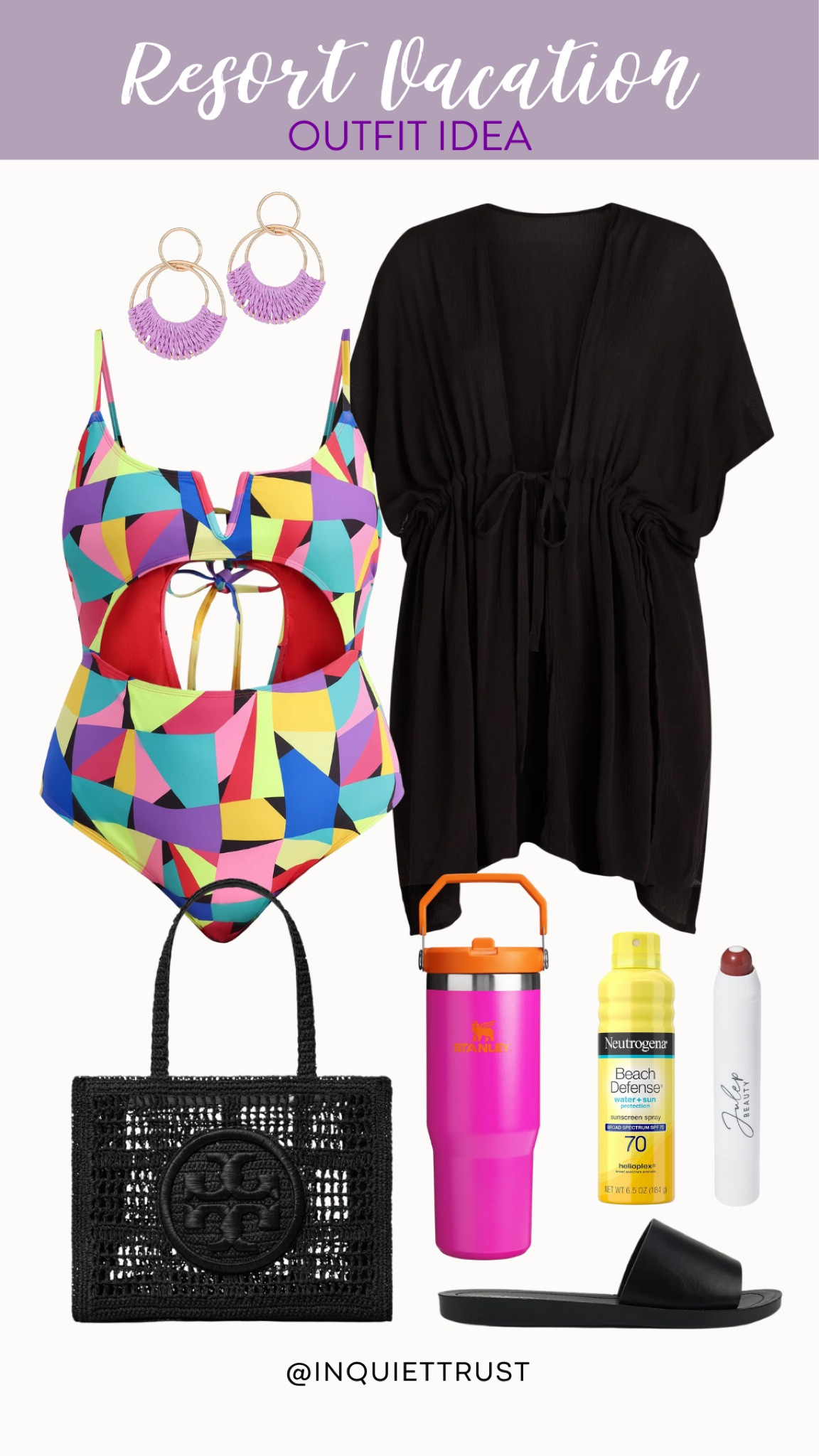 Thinking of a tropical vacation or just visiting some hot springs? I bet you’re also already of what to wear. This cut-out one-piece swimsuit layered with a black tie-front midi cover and black slippers are perfect. Make sure to wear these purple boho earrings and bring this Tory Burch woven mesh bag for added class.
#resortwear #beachlook #outfitinspo #fashionstyling

#LTKSwim #LTKSeasonal #LTKStyleTip