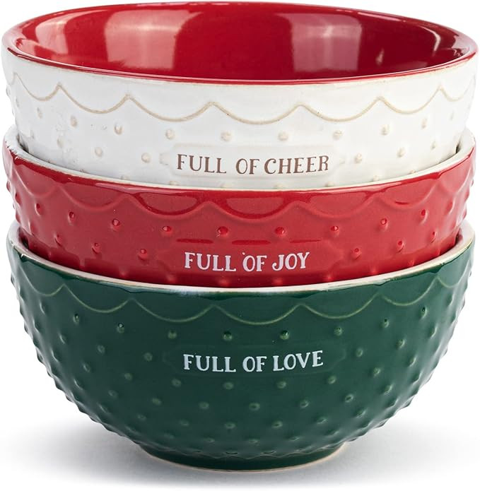 DEMDACO Full Of Cheer Red, Green, and White 7 Ounce Ceramic Christmas Baking Bowls Set of 3 | Amazon (US)