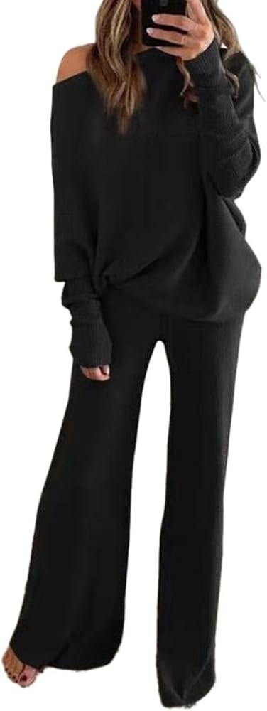 Fixmatti Womens Knitted Outfits 2 Pieces Sweatsuit High Neck Sweater Wide Leg Pant Set | Amazon (US)