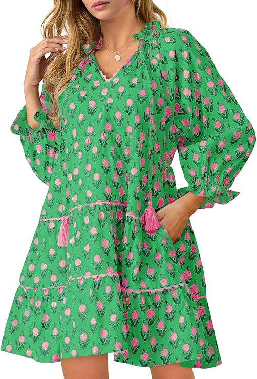 Wenrine Womens Casual Mini Dress Long Sleeve Floral Ruffle V Neck Fall Loose Boho Babydoll Dresse... | Amazon (US)