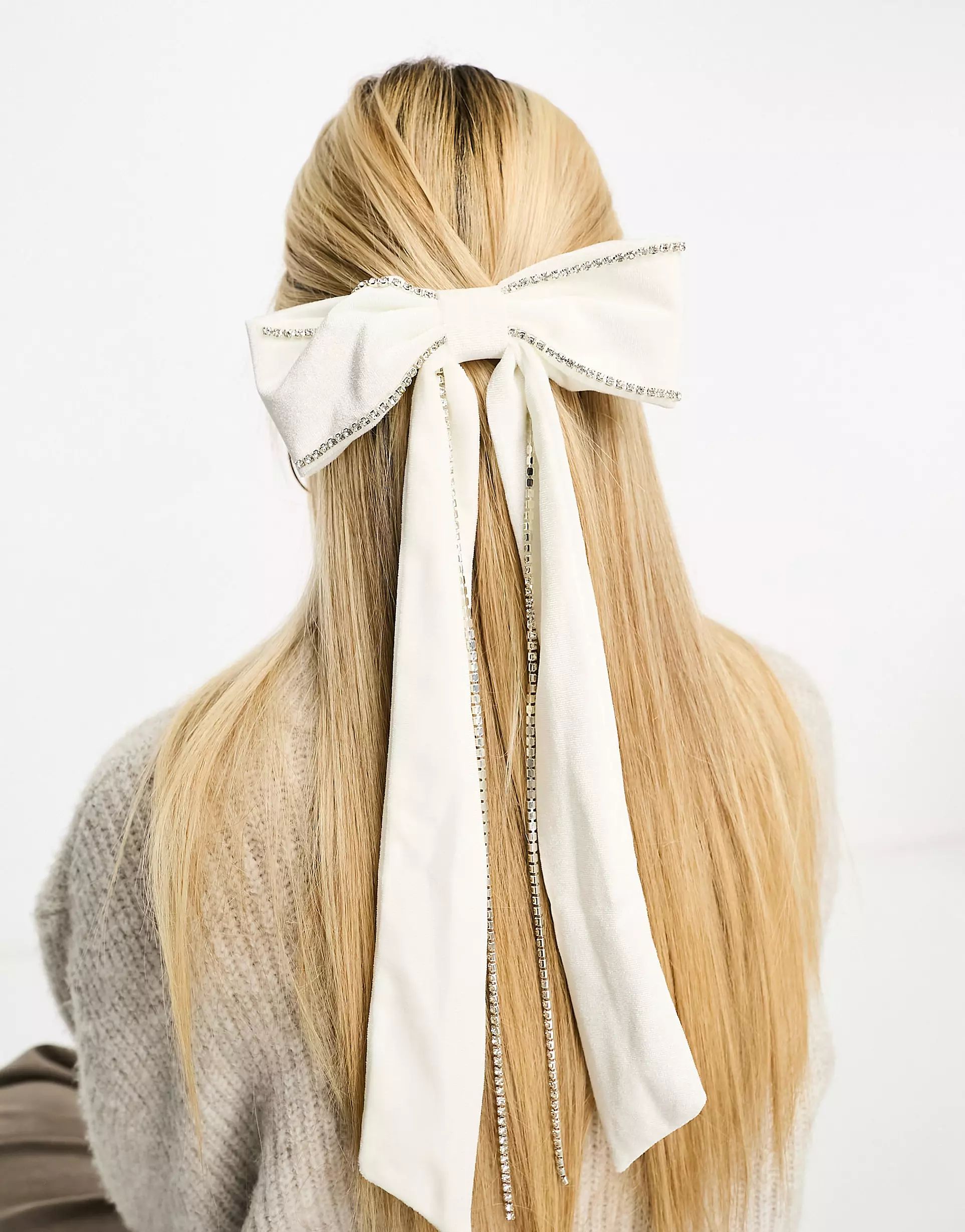 My Accessories London long velvet rhinestone bow hair clip in white | ASOS (Global)