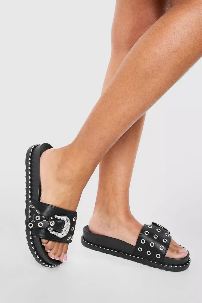 Stud Detail Western Buckle Slider | Boohoo.com (US & CA)