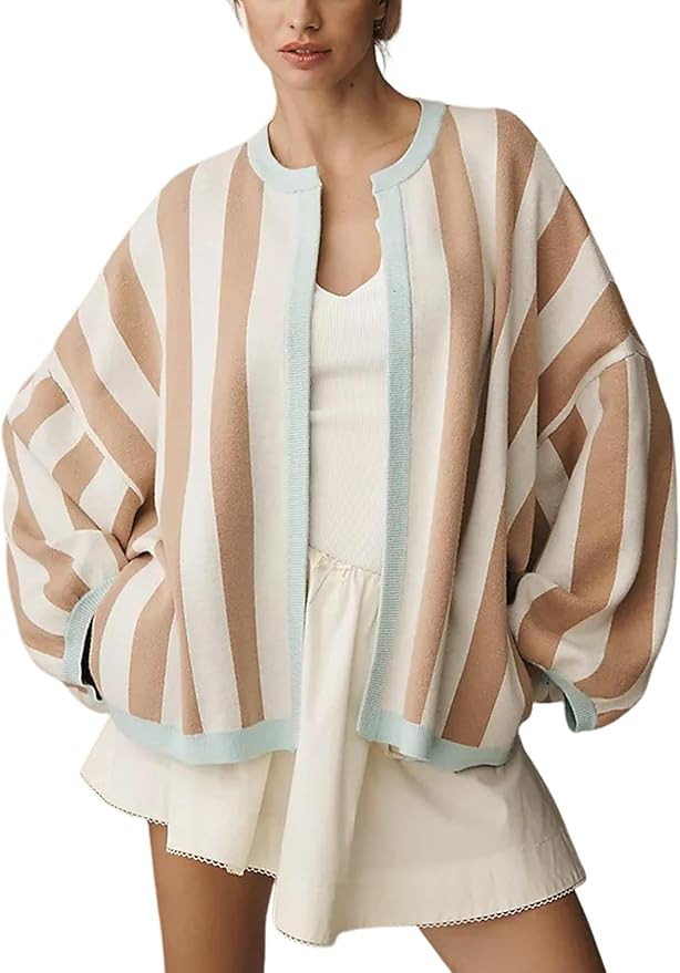 Women's Casual Loose Fit Striped Cardigan Long Balloon Sleeves Open Front Knit Sweater | Amazon (US)