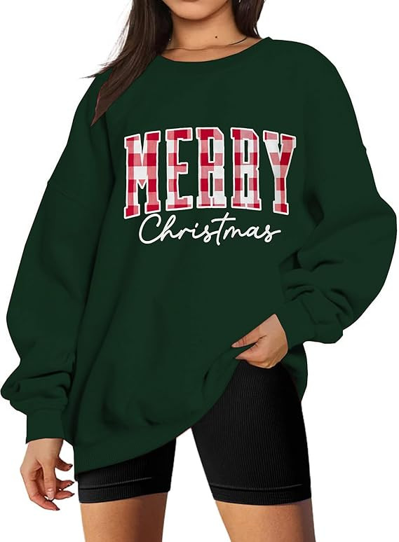 Christmas Sweatshirt for Women Merry Letter Print Long Sleeve Shirt Xmas Oversized Pullover Tops | Amazon (US)