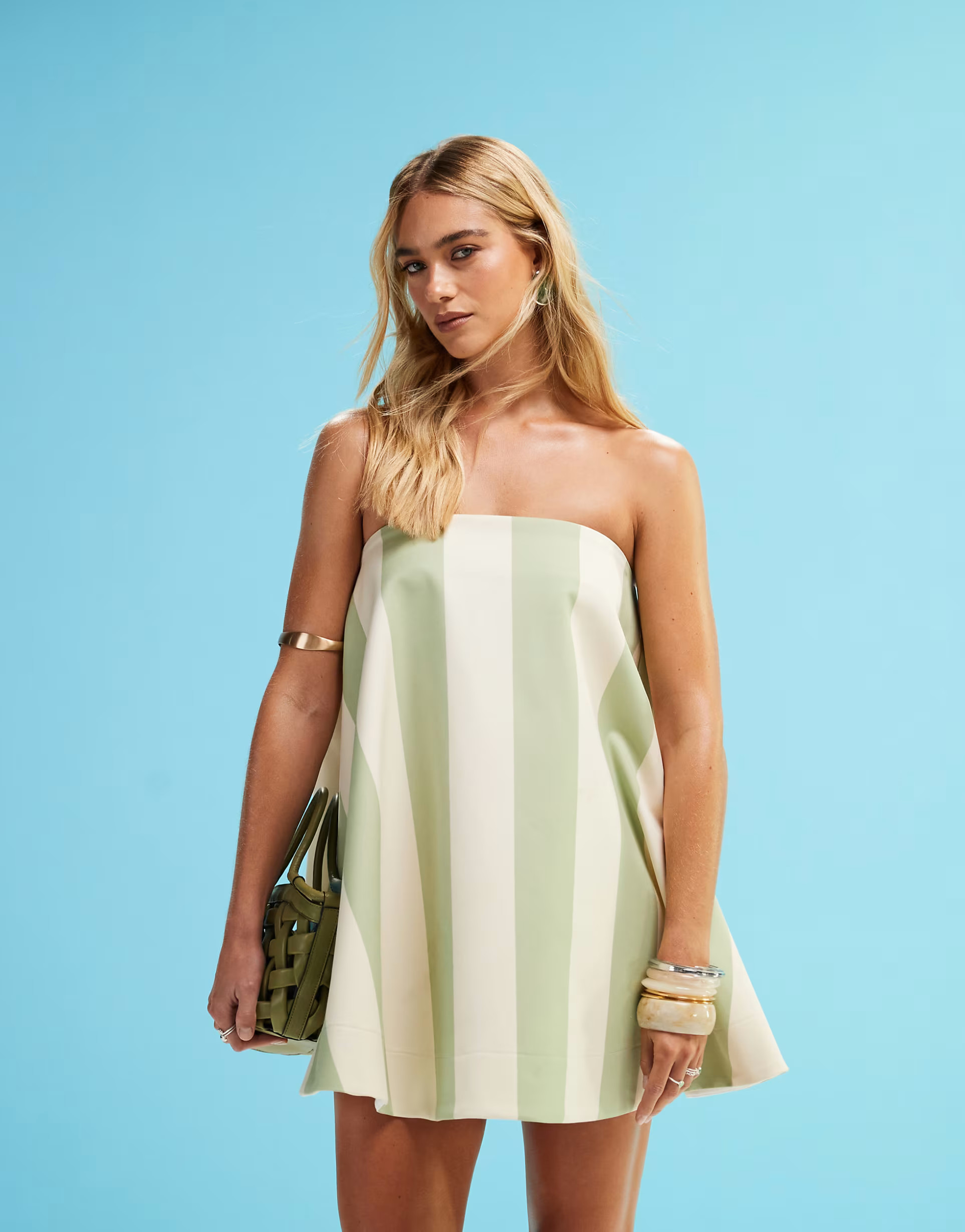 ASOS DESIGN lantern mini dress in sage and white stripe | ASOS (Global)