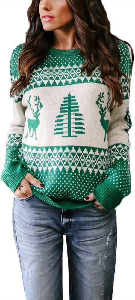EXLURA Patterns Reindeer Ugly Christmas Crew Neck Long Sleeve Sweater Jumper Pullover Knitted Pri... | Amazon (US)
