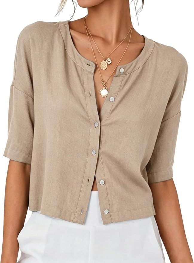 SKIKYAN Summer Women's Linen Button Down Shirts Cropped Round Neck Short Sleeve Henley Top Loose ... | Amazon (US)