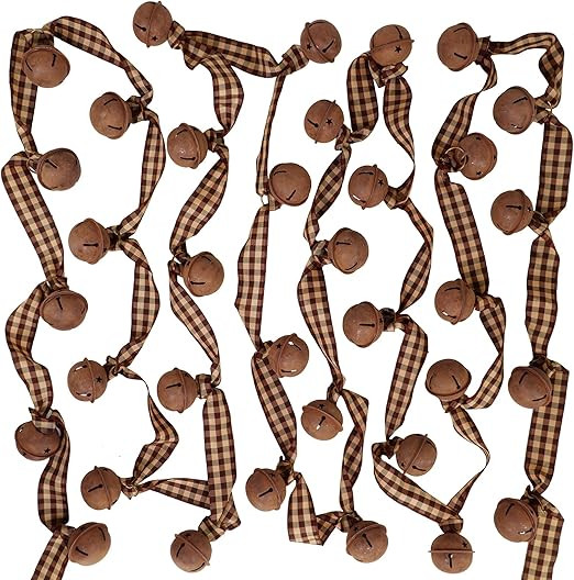 6 Yards Christmas Rusty Sleigh Bell Garland Primitive Metal Rusty Jingle Bells and Gingham Ribbon... | Amazon (US)