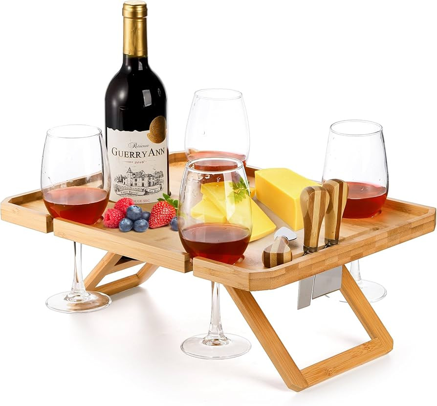 Kingrol Bamboo Picnic Wine Table, Foldable Outdoor Snack Table with Bottle Holder, 4 Glass Slots ... | Amazon (US)
