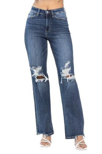 Judy Blue Women's High-Rise 90's Straight Leg Ripped Jeans (Dark Blue, 9) | Amazon (US)