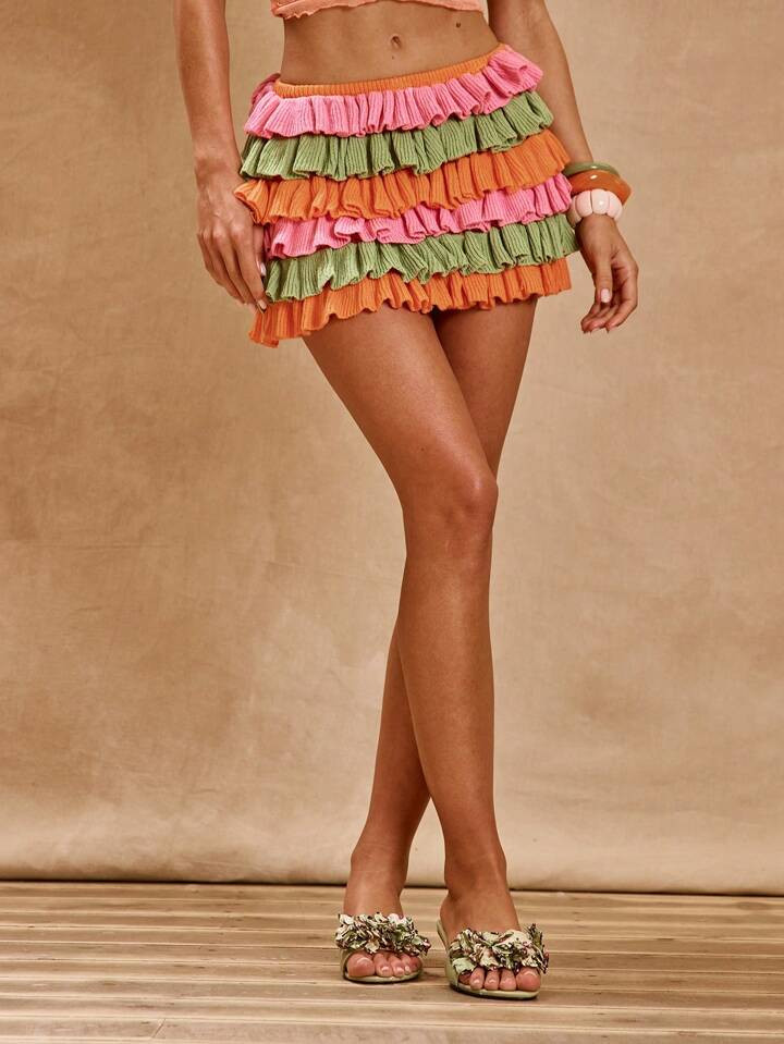MUSERA Low Rise Crochet Knit Ruffle Tiered Mini Skirt Only Spring Summer Vacation Boho Ibiza Elegant Club Beach Cute Sexy Festival Rave Khalui Holiday | SHEIN