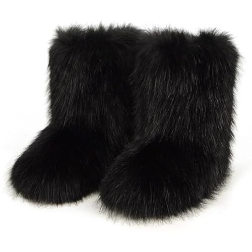 QMFUR Women's Furry Faux Fur Boots Fuzzy Fluffy Mid Calf Snow Boots Suede Warm Fur Lined Booties Flat Fashion Boots (Black 1, 7) | Amazon (US)
