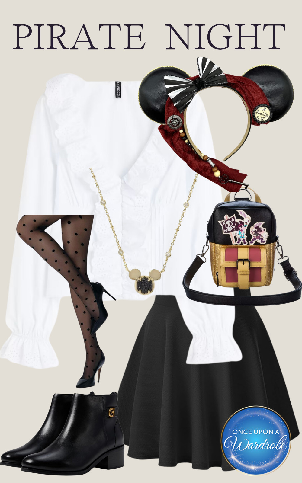 Pirate Night on a Disney Cruise is the perfect excuse to lean into a fun, pirate-inspired look without wearing a full costume. This outfit mixes a ruffled white blouse with a classic black skirt, polka dot tights, ankle boots, and pirate-themed Minnie ears for a look that’s comfortable, cute, and cruise-approved. Perfect for dinner, deck parties, and Pirate Night fireworks at sea. 🏴‍☠️✨

Disney Cruise outfit, Pirate Night outfit, Disney Cruise Pirate Night, Disney Cruise Line outfits, pirate-inspired outfit, Disneybounding cruise outfit, women’s cruise outfit ideas 

 #LTKmomlife #LTKTravel