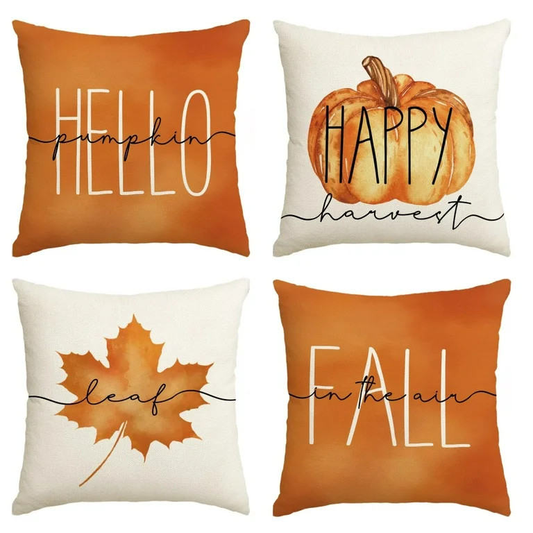 Smile Fall Throw Pillow Covers 18 x 18 Set of 4 Maple Leaf Hello Pumpkin Blue | Walmart (US)
