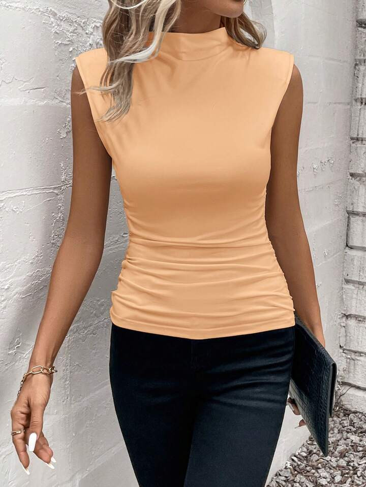 SHEIN Clasi Women's Minimalist Solid Color Turtleneck Sleeveless Fitted Blouse With Side Ruching, Summer | SHEIN