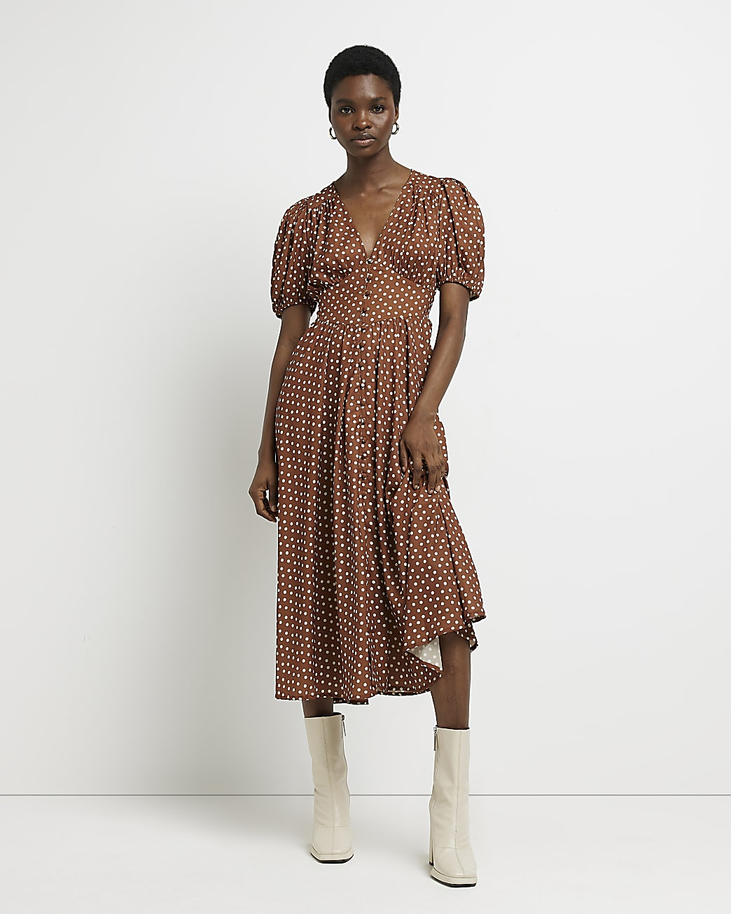 Brown spot satin midi swing dress | River Island (UK & IE)