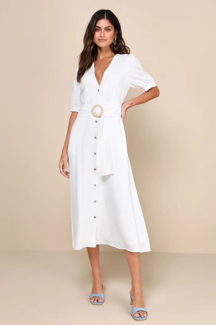 Blissful Simplicity White Puff Sleeve Midi Dress With Pockets | Lulus