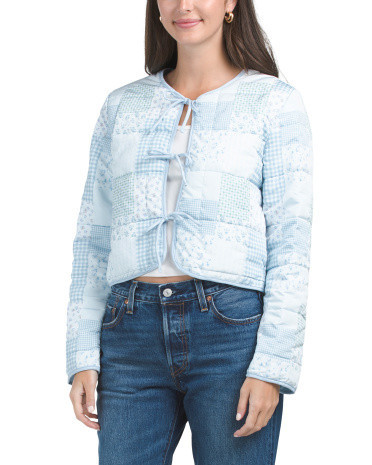 Quilted Floral Patch Jacket With Tie Front For Women, Polyester | TJ Maxx