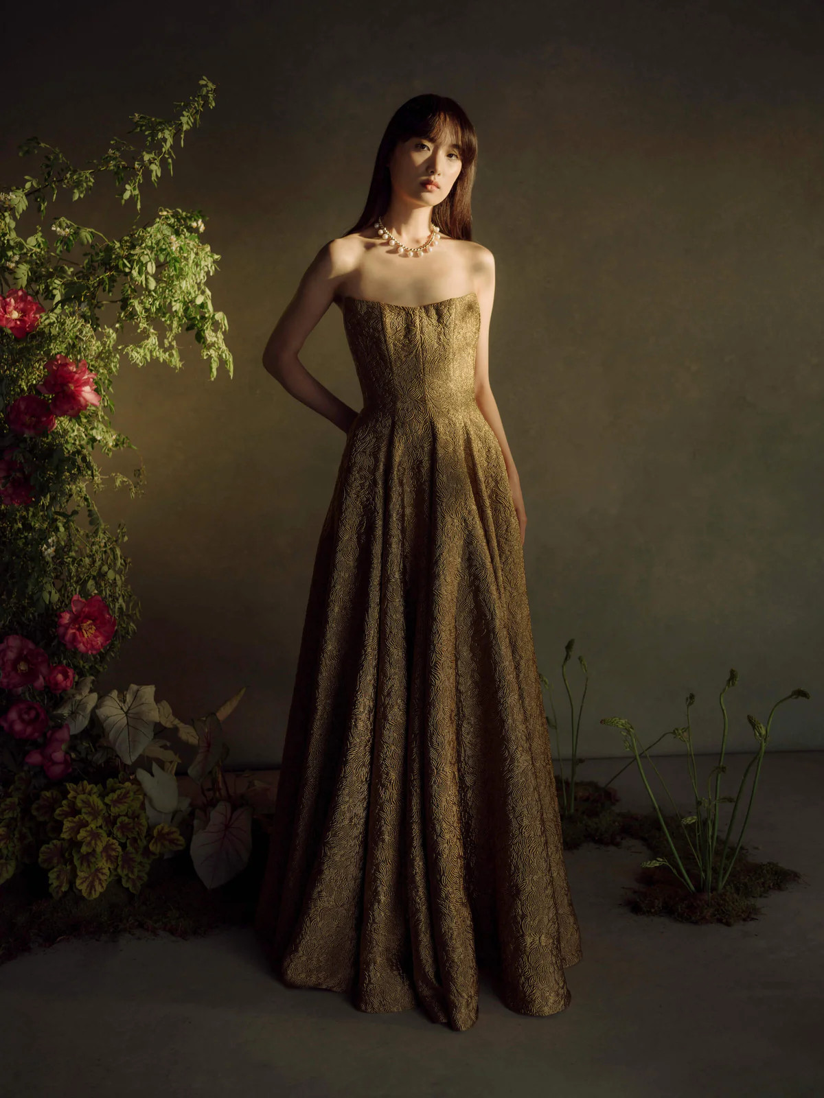 Laila Gold Brocade Strapless Gown | Over The Moon