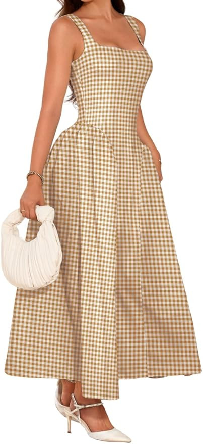 ChiaoLezhee Plaid Maxi Dress, A-Line Drop-Waist, Wedding Guest Tea Party, Pastel Gingham Square N... | Amazon (US)