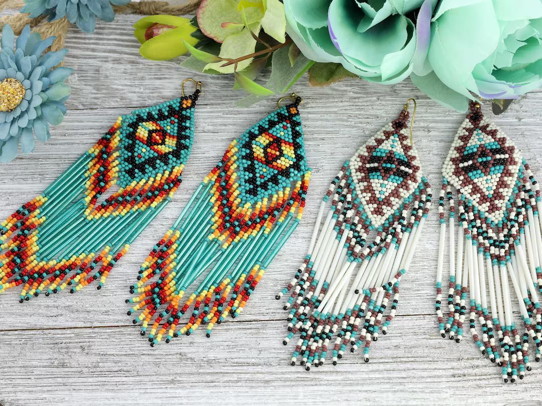 Western Aztec Multi Color Seed Beaded Fringe Tassel Long Drop Dangle Statement Earrings Fashion B... | Etsy (US)