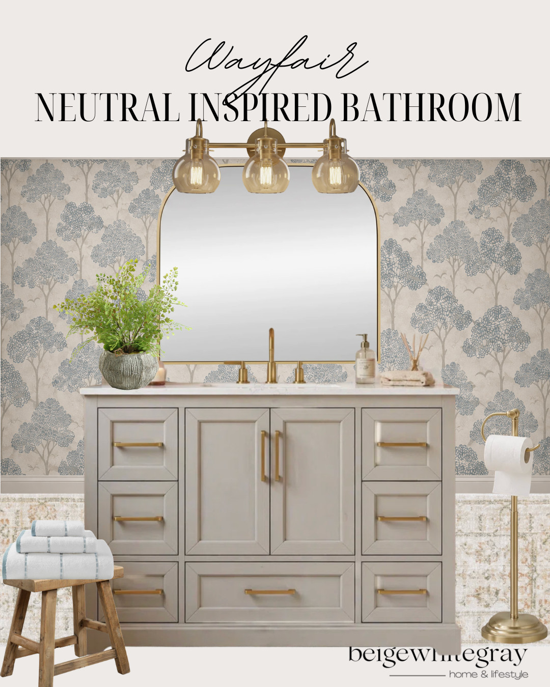 Wayfair bathroom finds, neutral bathroom decor, bathroom design inspiration, bathroom makeover ideas, floral wallpaper bathroom, blue floral wallpaper, traditional bathroom design, bathroom vanity ideas, brass bathroom fixtures, gold bathroom hardware, arched bathroom mirror, bathroom lighting ideas, vintage inspired bathroom, neutral bathroom vanity, bathroom rug ideas, bathroom styling, cozy bathroom decor, elegant bathroom design, designer bathroom inspiration, classic bathroom decor, warm neutral bathroom, Wayfair home decor

#LTKHome